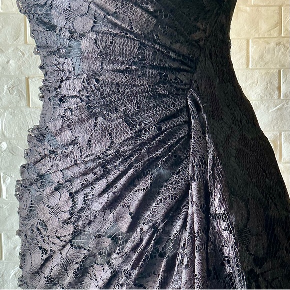 Vintage 1980s Black Lace Overlay Boned Bodice Side Ruched Ruffle Hem Midi Dress - Picture 6 of 17